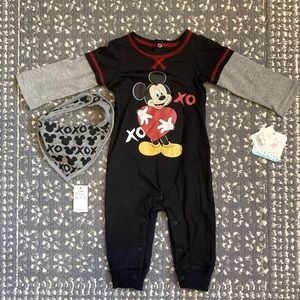 Disney Mickey Mouse Valentine’s Day 6-9 Month Baby Infant Outfit/Romper with Bib